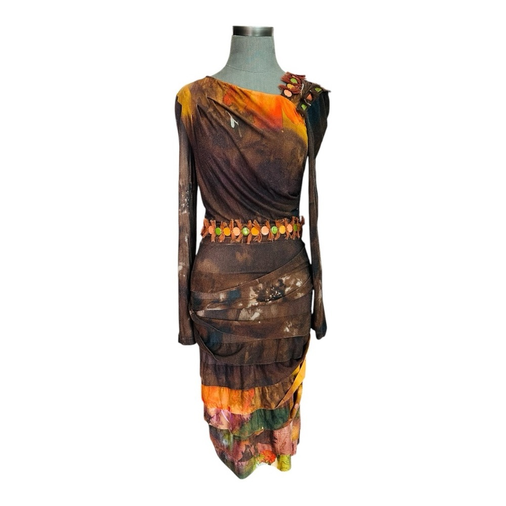 Womens Dress MARIA GRAZIA SEVERI Brown Multicolor Stretch Long Sleeve Midi Dress